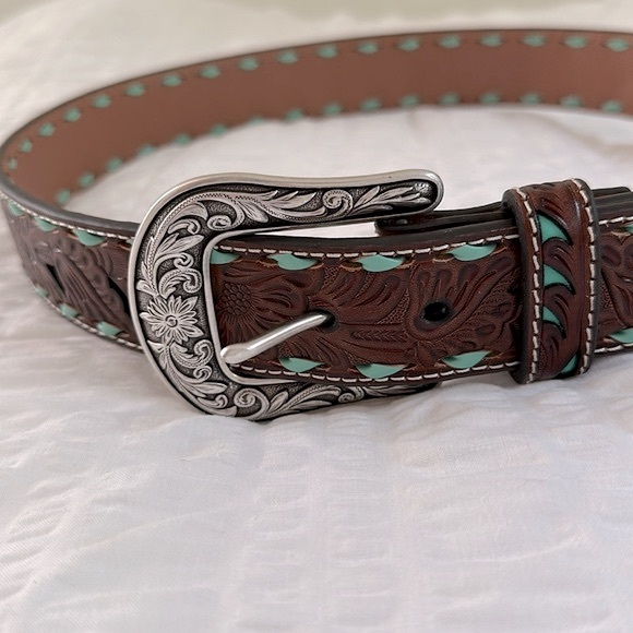 NEW Nocona Belt Co. Women's Turquoise Inlay Buck 1.5” Western Belt - Size Medium - Picture 2 of 4